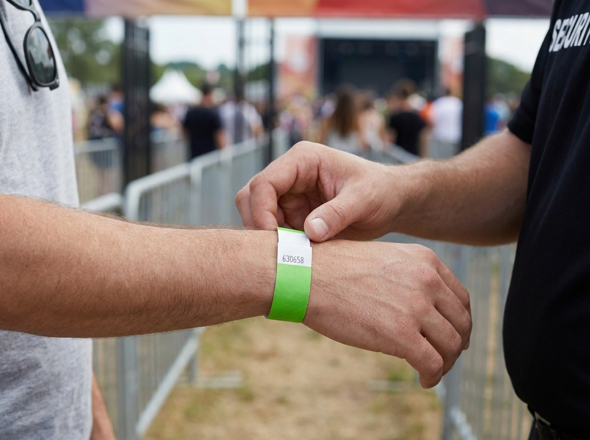 Bezpečnostný personál kontrolujúci identifikačný náramok s bezpečnostným uzáverom návštevníka festivalu pri vstupe na podujatie