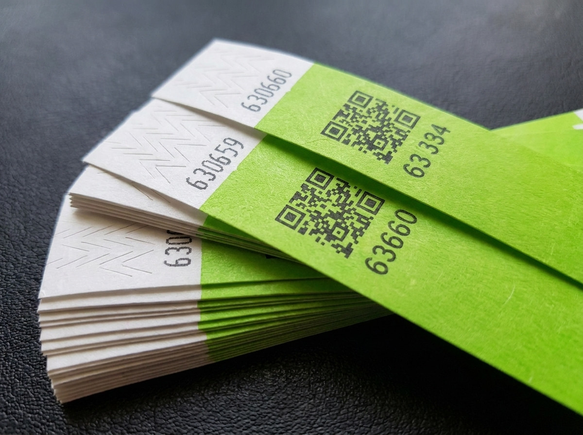 Stoh personalizovaných náramkov Tyvek s QR kódom a sekvenčným číslovaním, s viditeľným bezpečnostným uzáverom