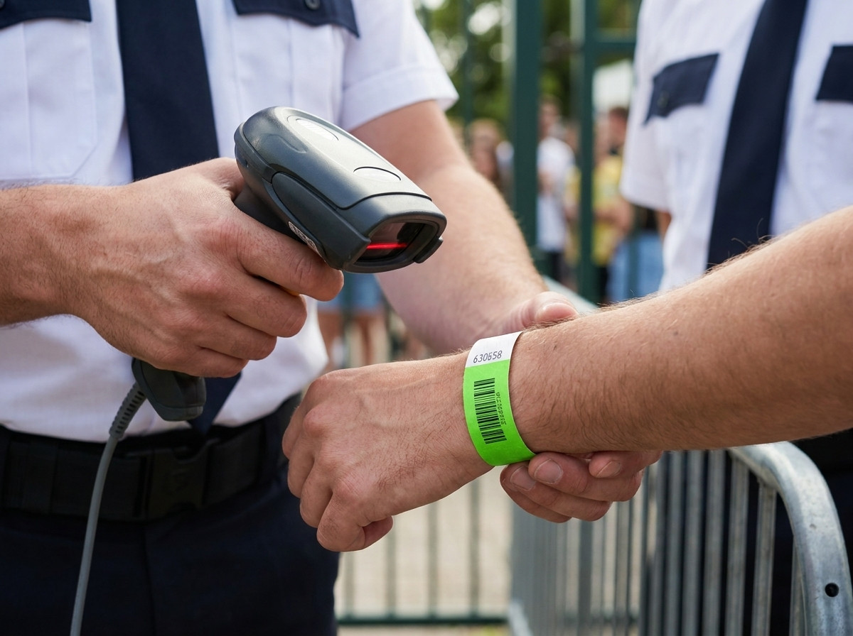 Bezpečnostný pracovník skenujúci čiarový kód náramka Tyvek pri kontrole vstupu na festival pod holým nebom s laserovým skenerom v ruke