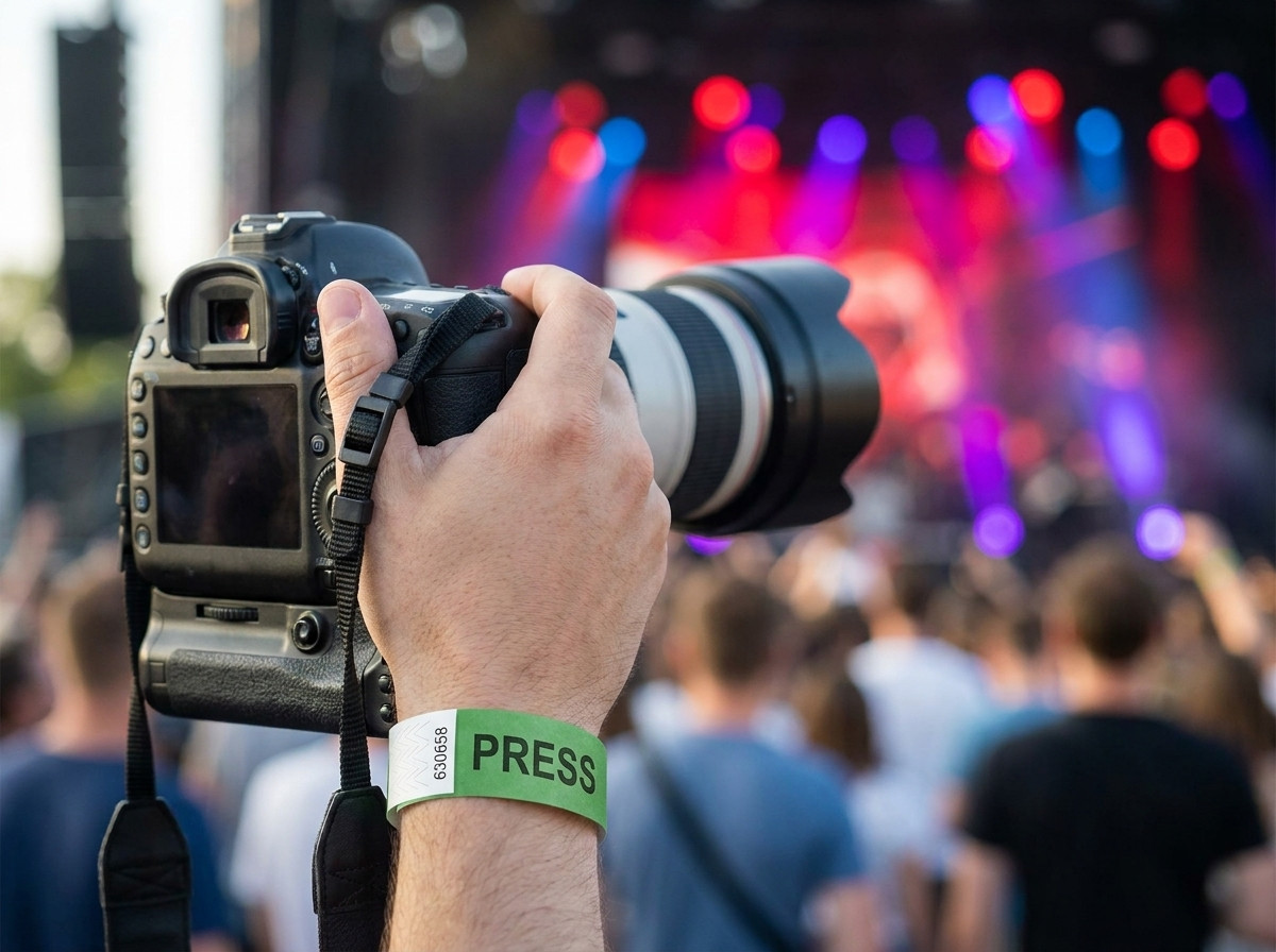 Fotograf v jame nesúci personalizovaný tlačový náramok počas koncertu