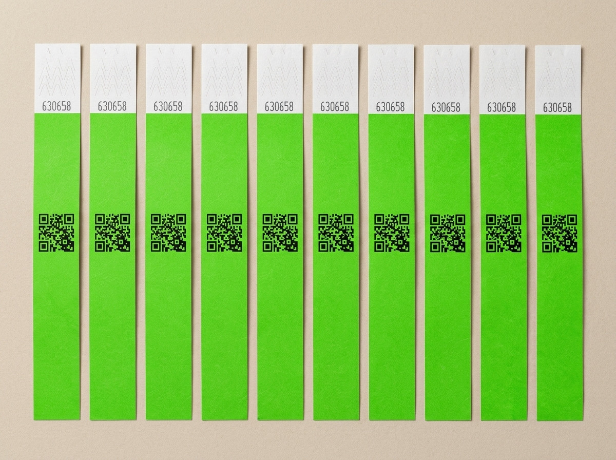 Zoradené číslované identifikačné náramky proti podvodom, zobrazujúce uzáver proti prenosu a QR kód vytlačený vo vysokom rozlíšení