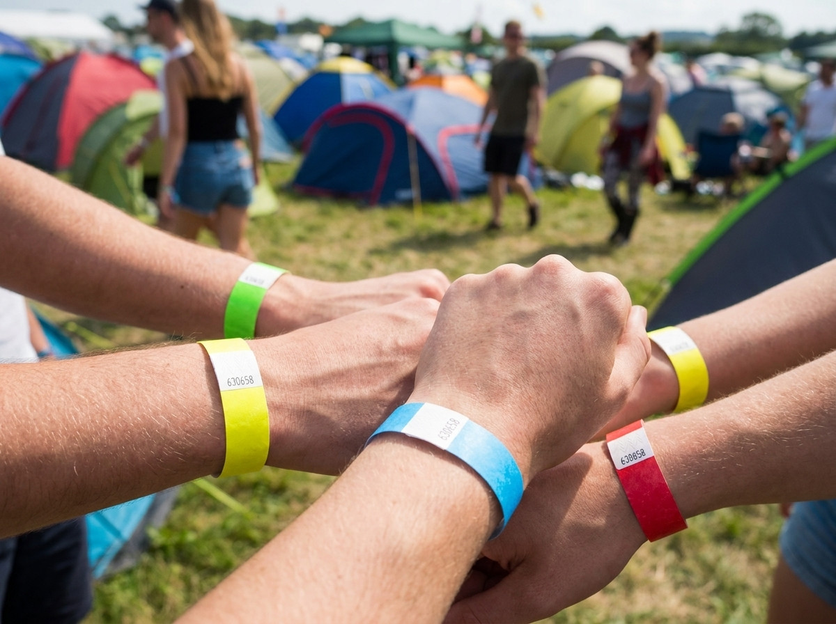 Farebné identifikačné náramky nosené festivalovými návštevníkmi pred festivalovým kempingom pod šírym nebom so stanmi v pozadí