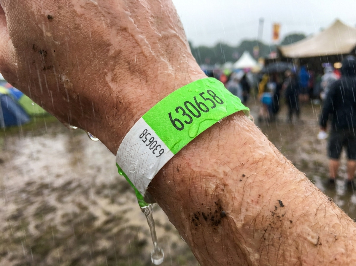 Detail personalizovaného identifikačného náramku noseného na zápästí počas viacdňového festivalu v daždi, zostávajúci neporušený a čitateľný