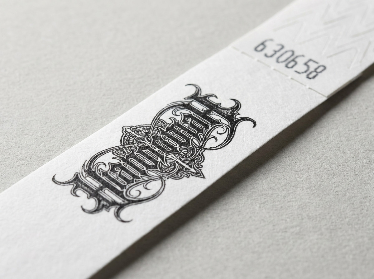 Detail náramka Tyvek s HD tlačou zobrazujúcou komplexné logo v živých farbách a jemnými detailmi