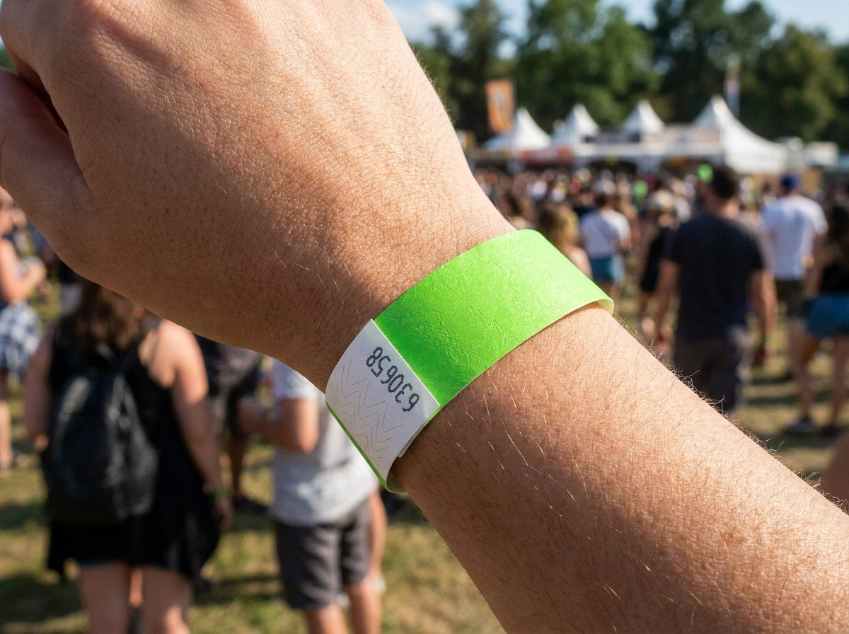 Vinylový PVC náramok s fotografiou vytlačenou vo vysokej kvalite, nosený na zápästí počas festivalu pod holým nebom