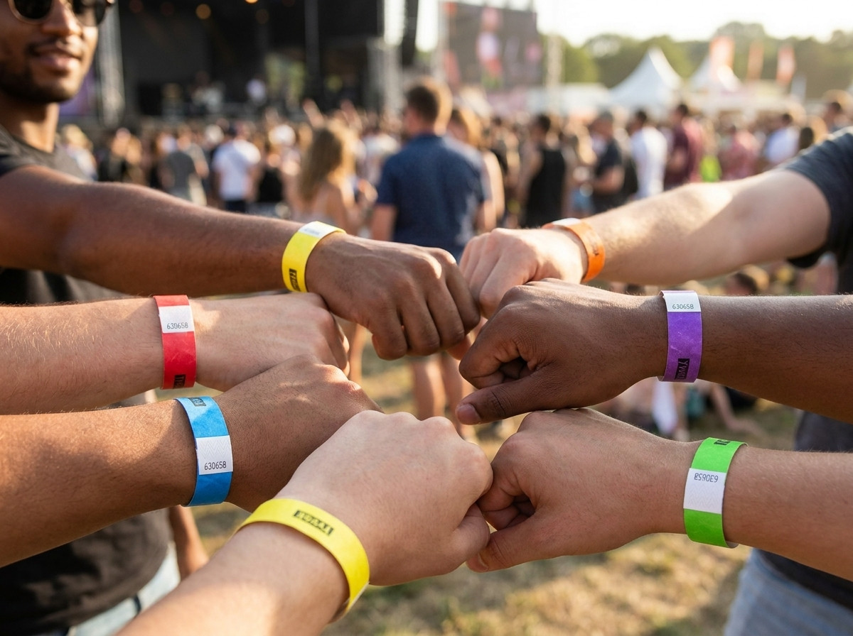 Farebné Tyvek náramky na identifikáciu kategórií návštevníkov počas festivalu pod šírym nebom