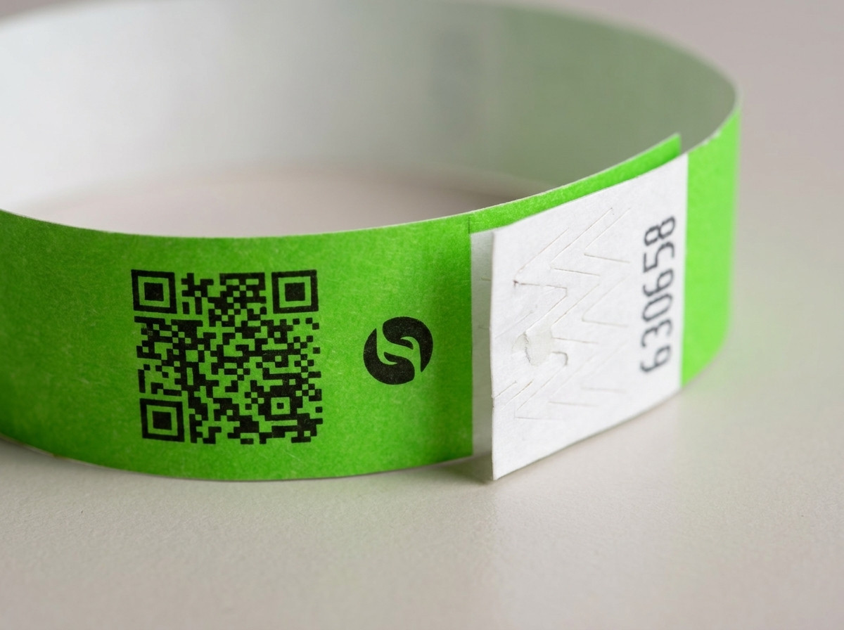 Detail na identifikačný náramok s QR kódom a logom tlačenými vo vysokom rozlíšení