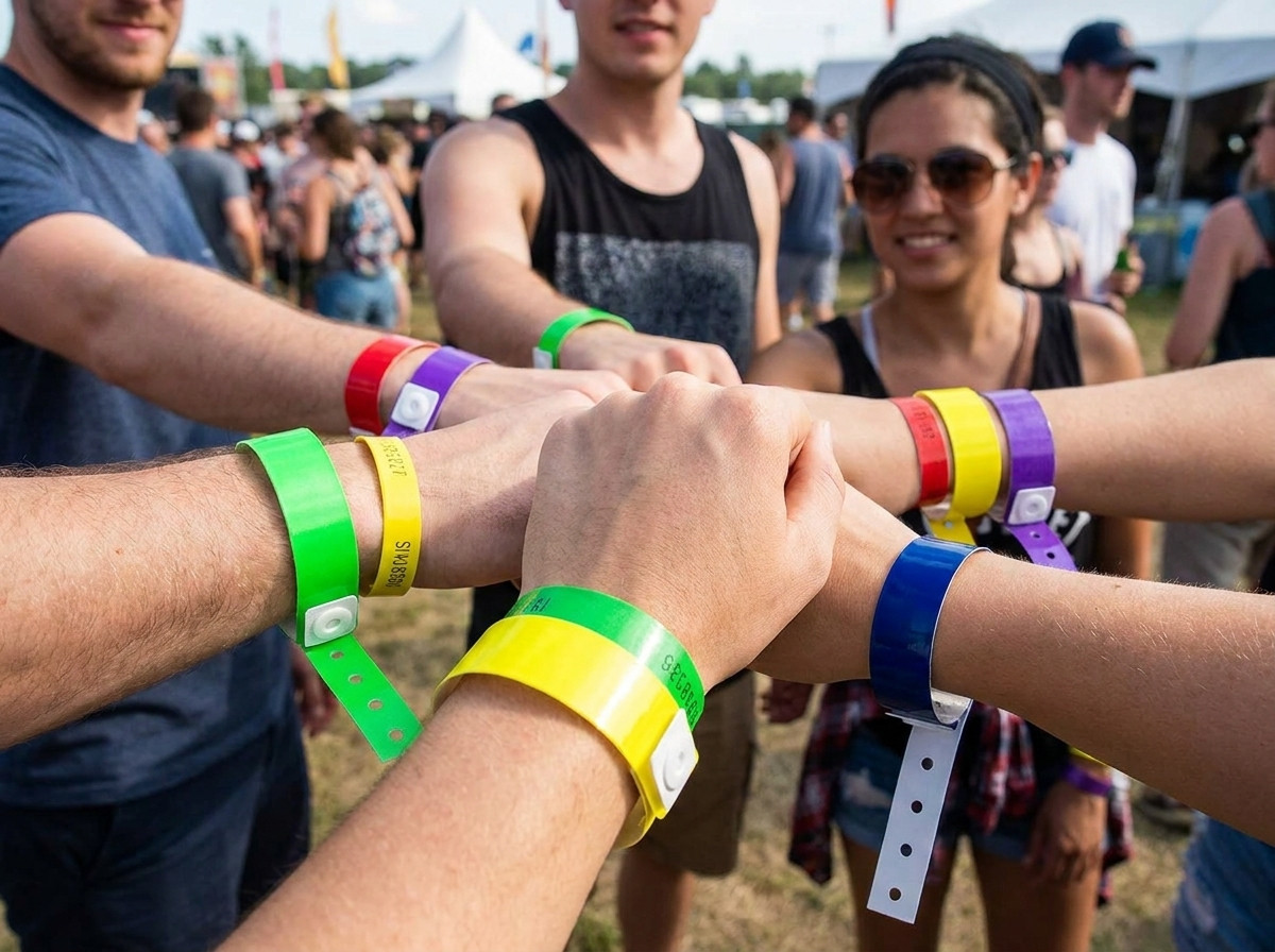 Farebné vinylové náramky nosené návštevníkmi pri vstupe do aquaparku s toboganmi a bazénmi v pozadí