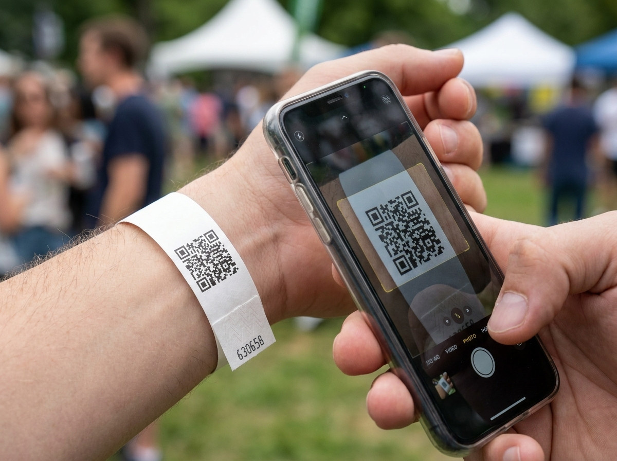 Detail bieleho náramka Tyvek s čiernym QR kódom, skenovaného smartfónom pri kontrole vstupu na festivale