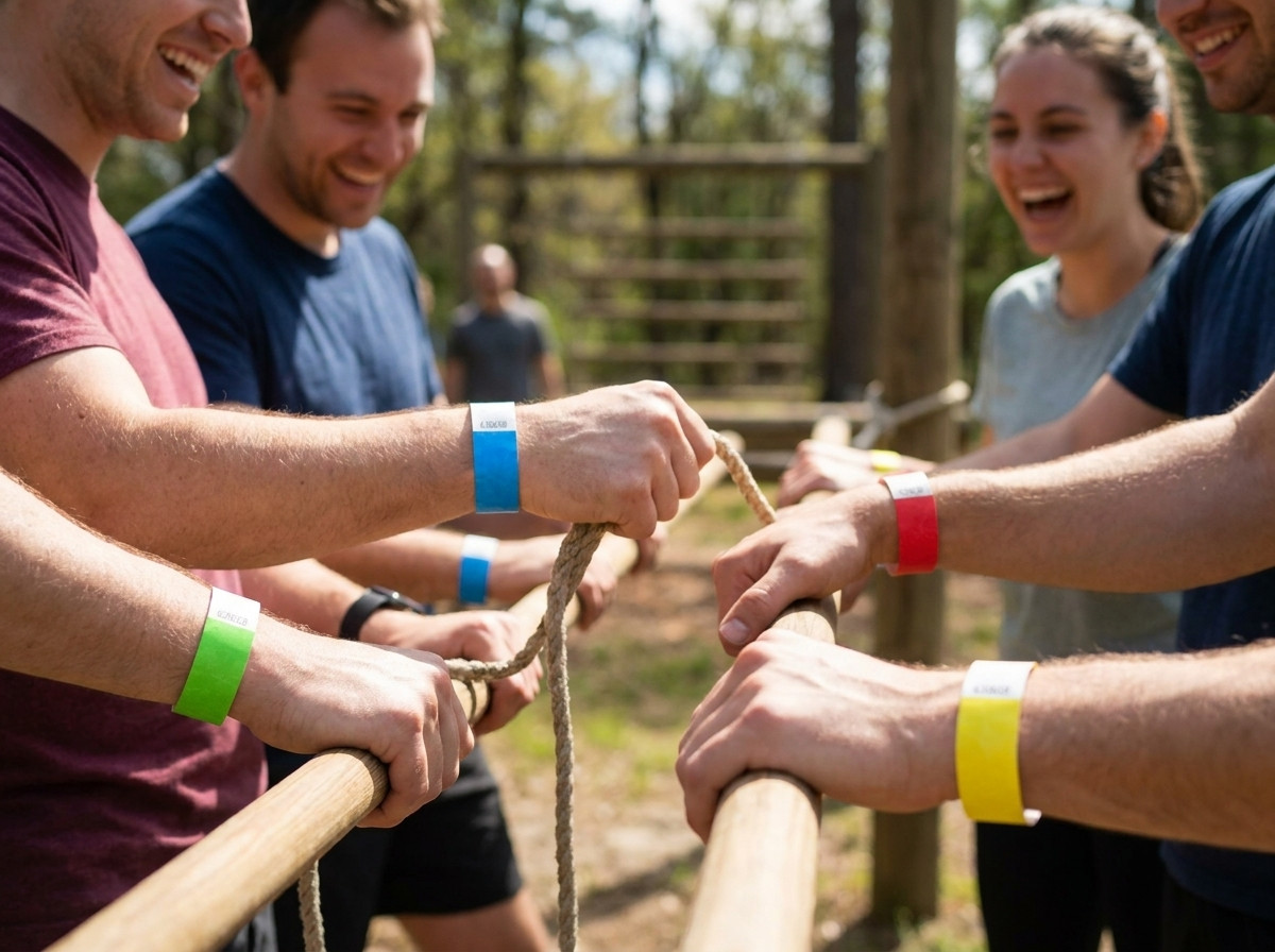 Farebné náramky pre team building nosené účastníkmi počas aktivity v prírode, pričom každá farba predstavuje iný tím