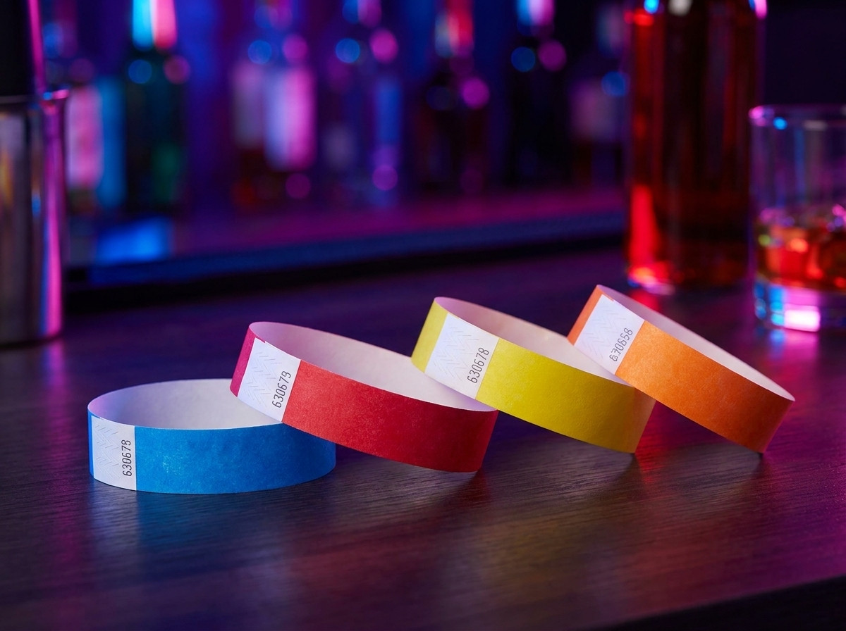 Farebné vinylové PVC náramky pre VIP prístup do nočného klubu, rozložené na barového pulte s okolitým osvetlením