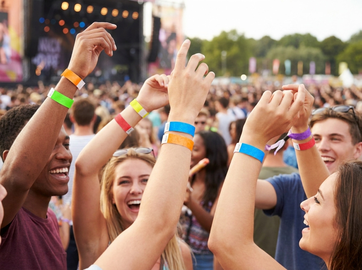 Farebné náramky Tyvek nosené účastníkmi festivalu počas open-air koncertu, ilustrujúce ich odolnosť a pohodlnosť