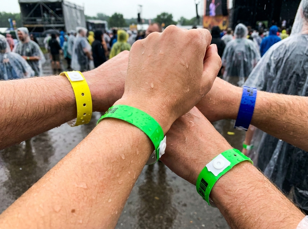 Farebné vinylové PVC náramky nosené na zápästí počas viacdňového festivalu v daždi